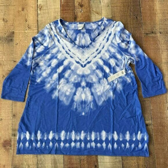 Chico's zenergy tie-dye 3/4 sleeve tunic top in blue and white womens size 2 NWT - Picture 1 of 7